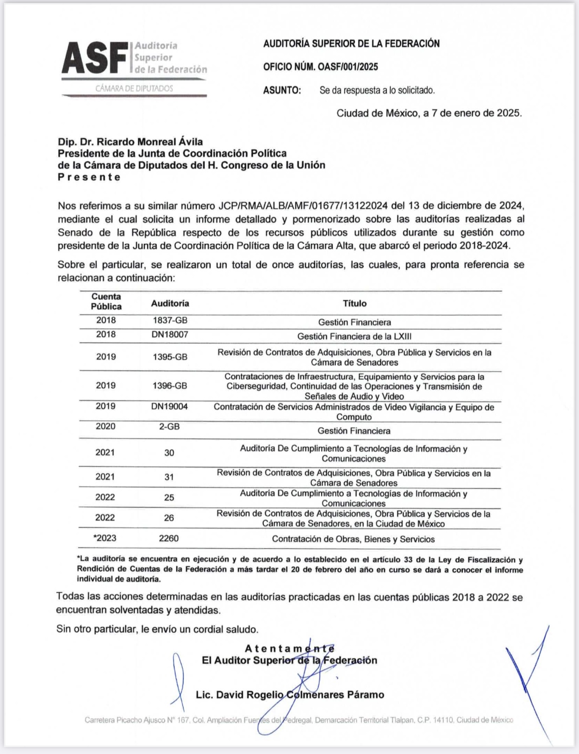 Lee más sobre el artículo ASF informa que todas las auditorías de la gestión de Ricardo Monreal en el Senado, fueron solventadas y atendidas 